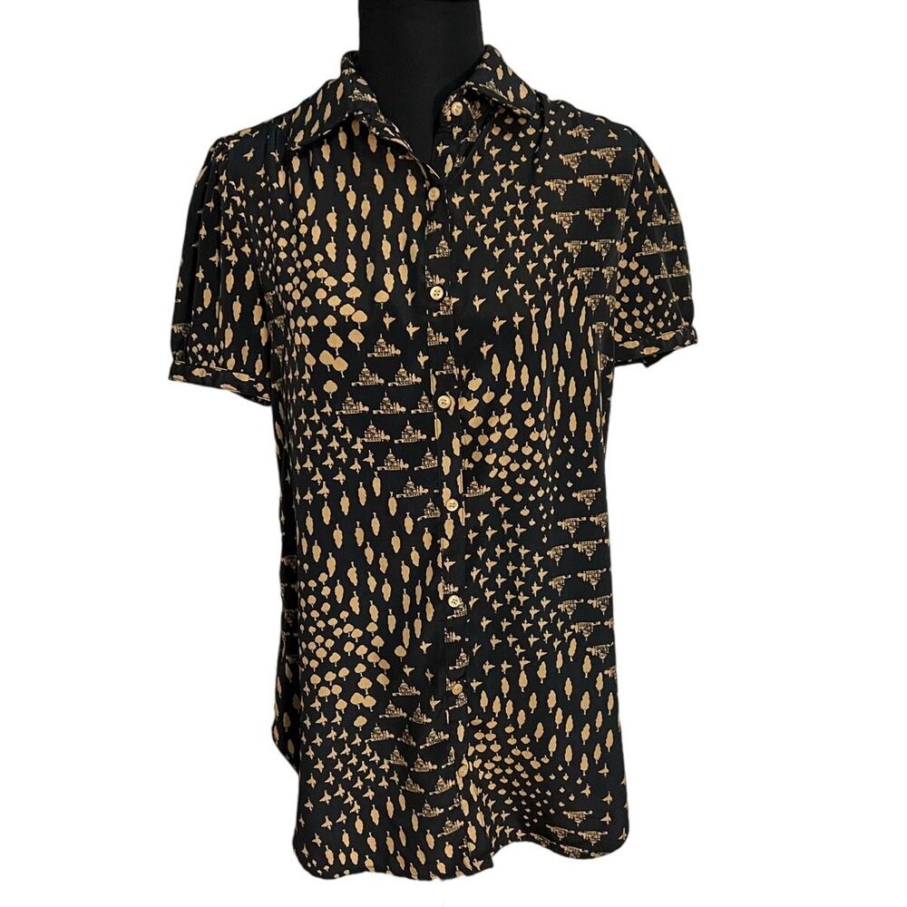 Fun2Fun Black and Tan Ditzy Abstract Print Short Sleeve Button Down, Size M